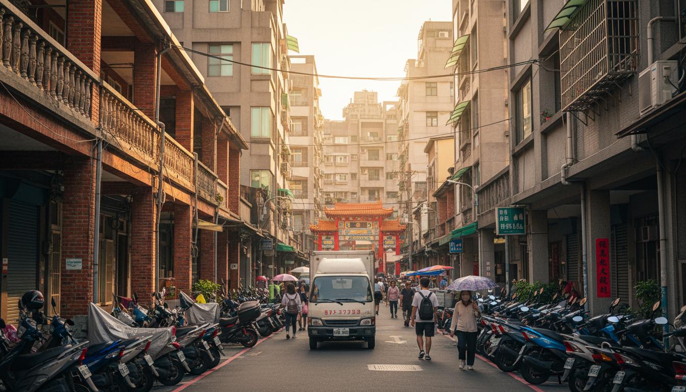 台南東區巷弄中搬家貨車在傳統與現代建築間搬運