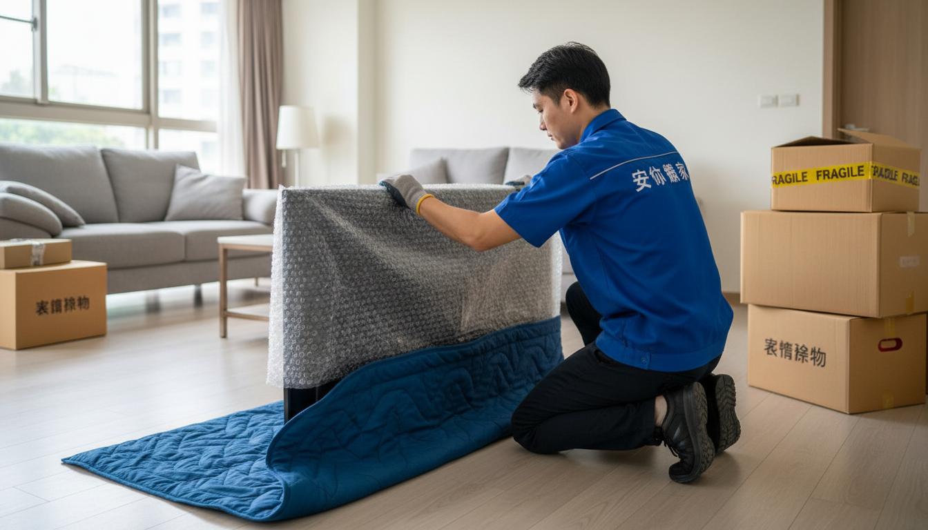 搬家師傅在客廳為電視和家具進行膠膜與防護毯包覆