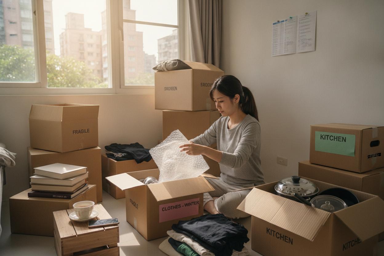 租屋族在公寓內整理打包物品