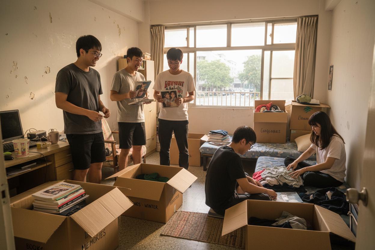 學生在宿舍打包物品準備搬家