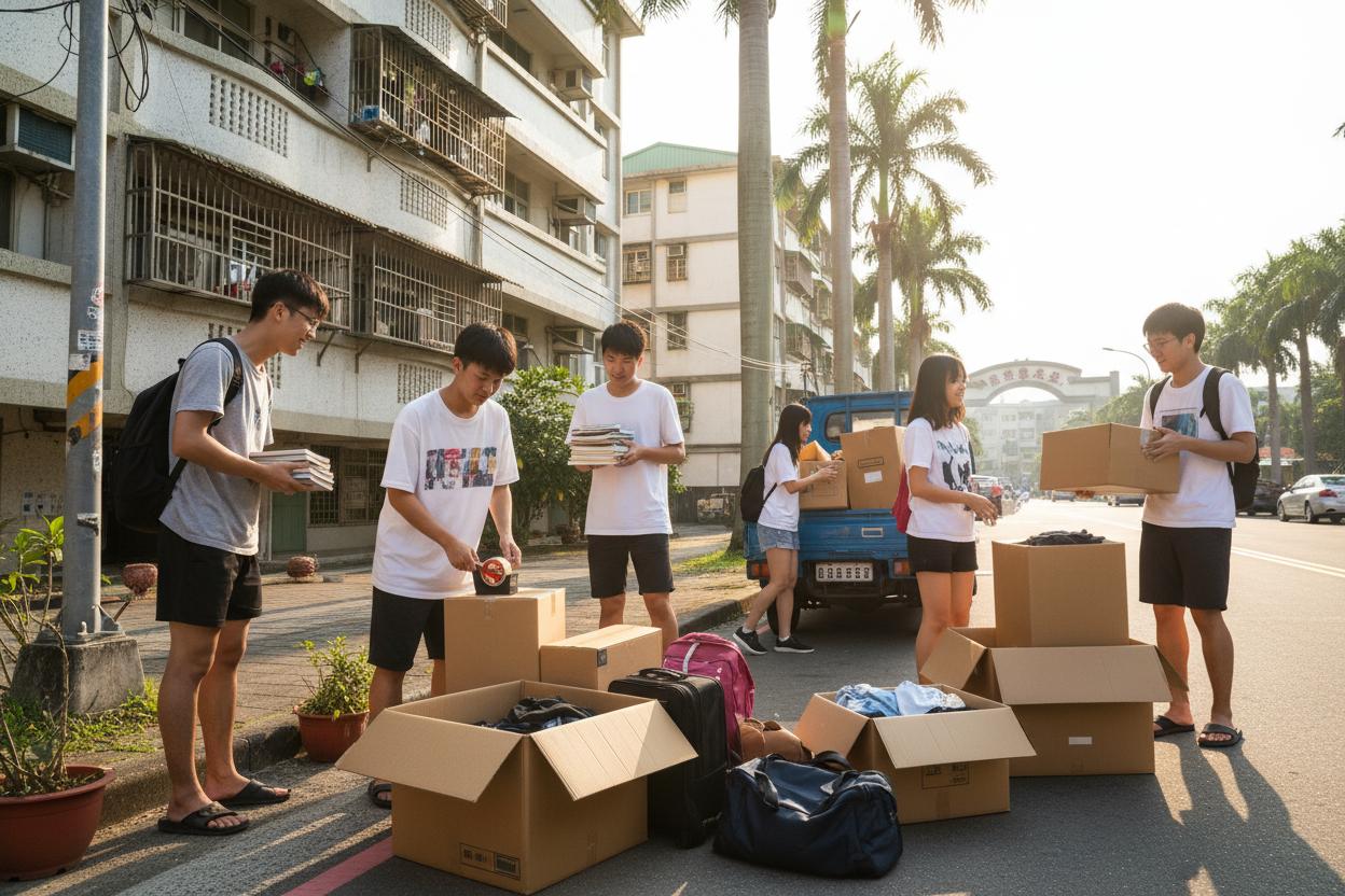 台南永康區學生在租屋公寓外整理搬家紙箱
