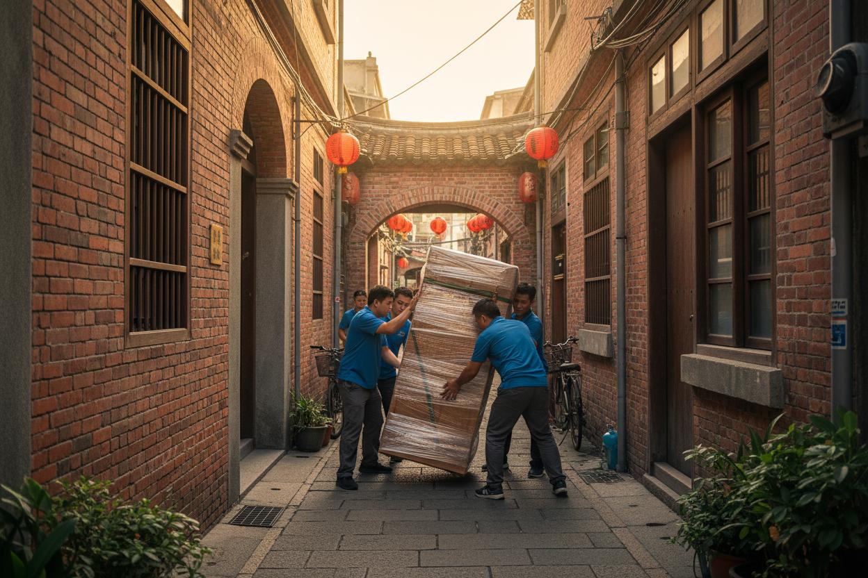 9458專業搬家師傅在台南中西區狹窄巷弄中小心搬運家具