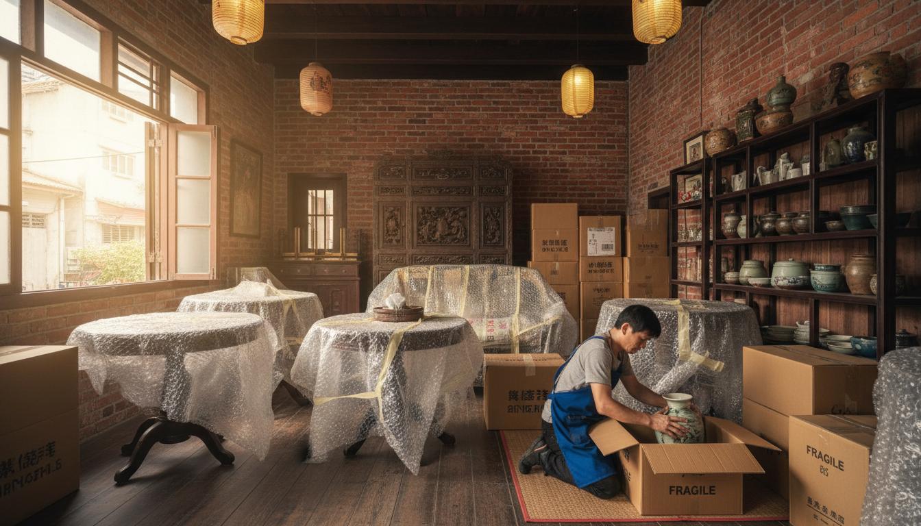 中西區傳統老屋內部，師傅正在小心包裝古董家具