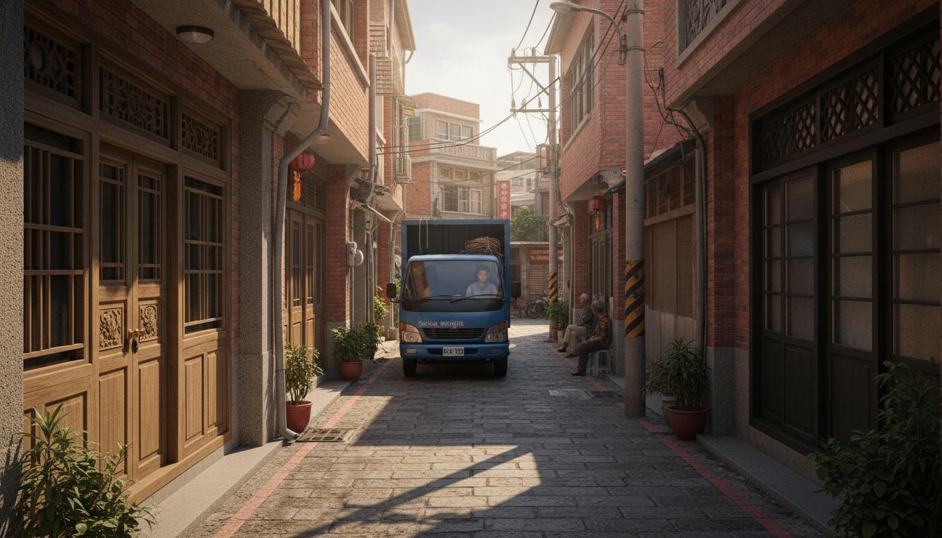 中西區歷史街區搬家，搬家貨車在傳統紅磚巷弄中小心行駛